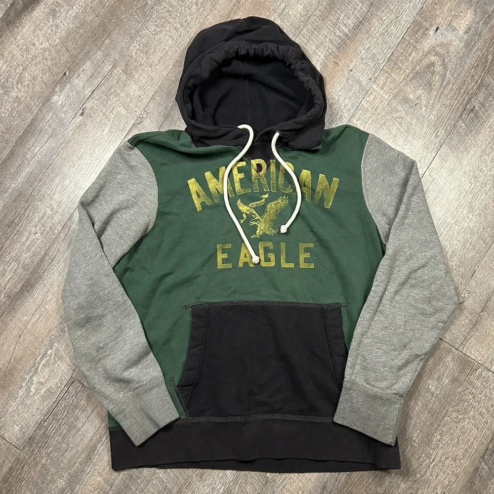 American Eagle Vintage Y2K Hoodie Jacket Mens M Green Single V Hoodie Colorblock